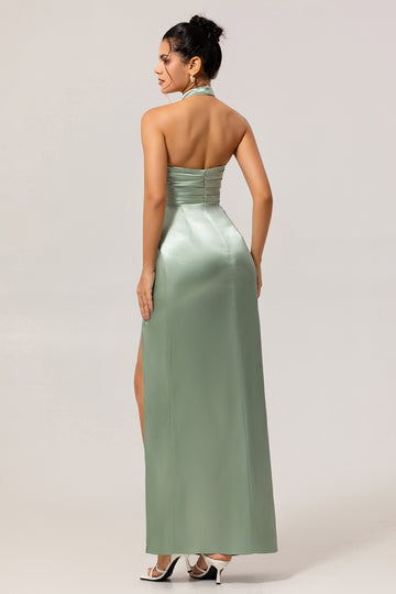 Sage Green High Neck Satin Sheath Ruched Long Bridesmaid Dress with Slit